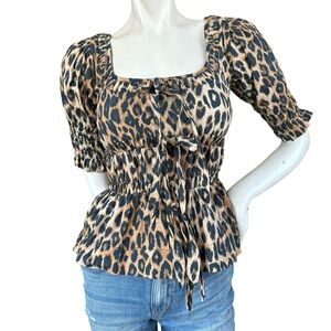 Revolve Damson Madder Leopard Print Puff Sleeve Bow Front Milkmaid Top US 2 UK 6